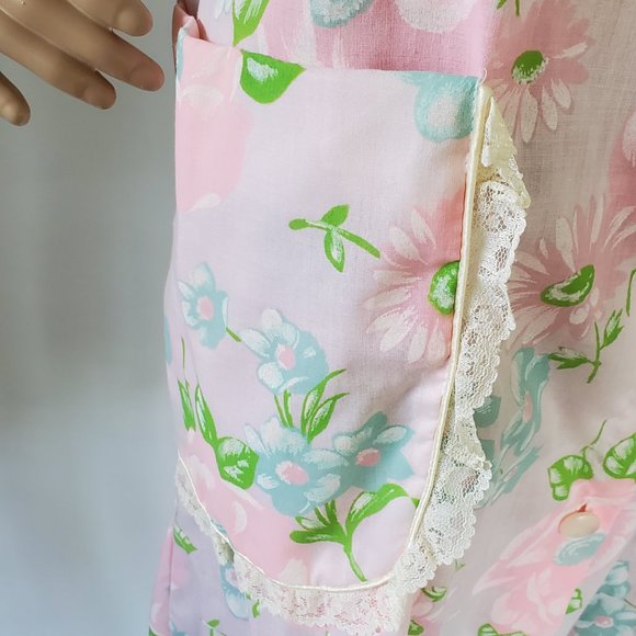 Vintage Pink Floral Patio House Lounge Dress Women's Small Pockets Button USA - Picture 7 of 14